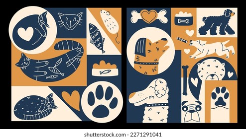 Modern cards with stylish and funny animals, cats and dogs. Posters in hand drawn style with pets. Vector illustration in flat style