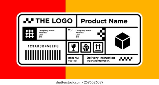 modern Cargo package delivery sticker vector. Shipment label template. Delivery mockup. Fragile, handle icon. Information about company recipient. Vector illustration