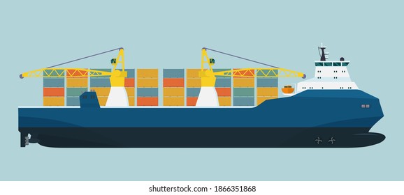 Moderner Frachtschiff-Container mit Kranen einzeln. Vektorgrafik im Flachstil.