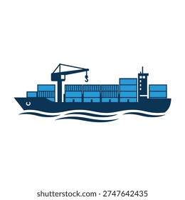 Modern cargo ship with crane and stacked containers sailing smoothly across calm waters in a sleek blue and dark navy color scheme