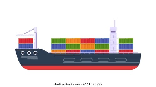 Modern Cargo Ship, Fully Loaded With Colorful Containers Isolated On White Background. Cartoon Vector Illustration