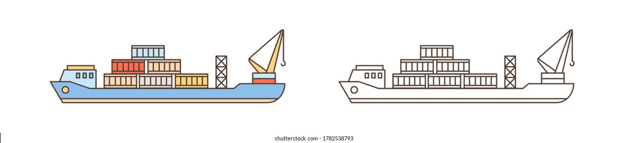 Icono moderno del barco de carga. Vehículo comercial marítimo con vagón de mercancías, grúa, contenedor. Servicio de logística, entrega o transporte oceánico. Ilustración de línea vectorial plana aislada en fondo blanco