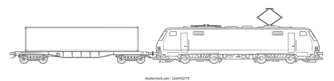 Modern cargo train with container - outline vector stock illustration.