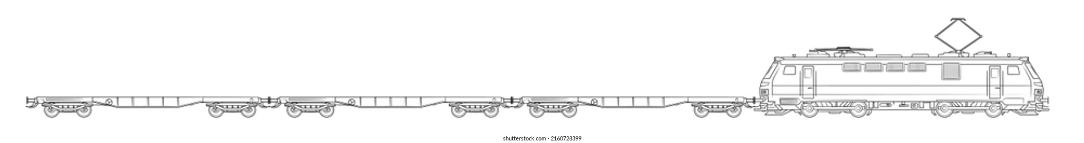 Modern cargo train with flat wagons - outline vector stock illustration.