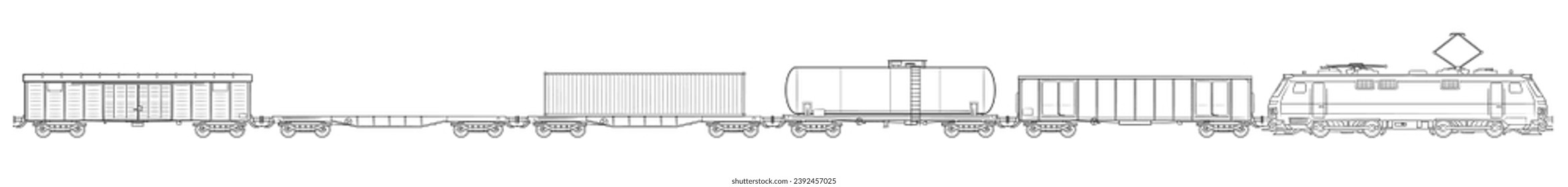 Modern cargo train with multiple cars - outline vector stock illustration.