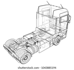 Modern Cargo Truck isolated on grey background. Eurotrucks delivering vehicle layout for corporate brand identity design. Tracing illustration of 3d. EPS 10 vector format