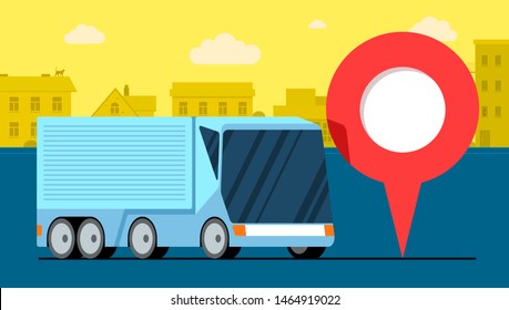 Modern cargo truck trailer logistic near geotag gps navigator location pin icon on urban city road. Business transport tracking delivery monitoring service. Shipping vector illustration