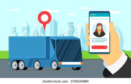 Modern cargo truck trailer logistic on city street with geotag location pin. Transport tracking delivery monitoring app support assistant on mobile screen. Semitrailer shipping vector eps illustration
