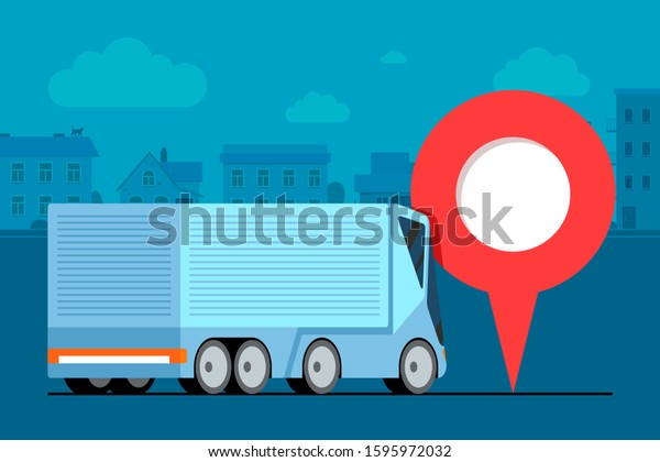 Modern cargo truck trailer logistic near\
geotag gps navigator location pin icon on urban city road. Business\
transport tracking delivery monitoring service concept. Shipping\
vehicle illustration