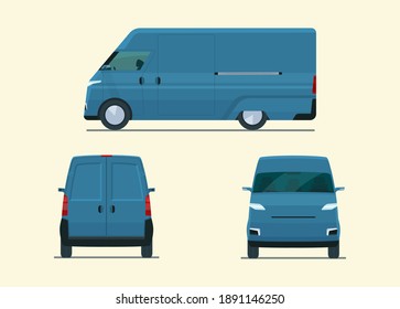 Modern cargo van car isolated. Сargo van with side view, back view and front view. Vector flat style illustration.