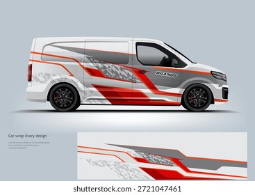Modern cargo van livery design with dynamic geometric graphics and bold color combinations. Side view commercial vehicle illustration showcasing professional vehicle wrap concepts for delivery, logistics, fleet branding, and transportation design