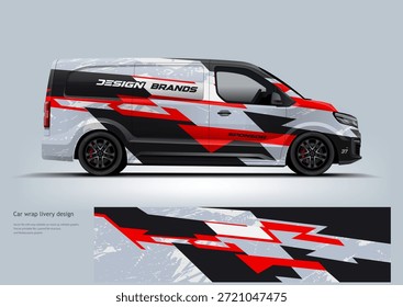 Modern cargo van livery design with dynamic geometric graphics and bold color combinations. Side view commercial vehicle illustration showcasing professional vehicle wrap concepts for delivery, logistics, fleet branding, and transportation design