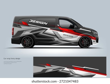 Modern cargo van livery design with dynamic geometric graphics and bold color combinations. Side view commercial vehicle illustration showcasing professional vehicle wrap concepts for delivery, logistics, fleet branding, and transportation design