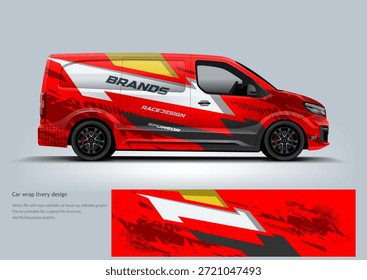 Modern cargo van livery design with dynamic geometric graphics and bold color combinations. Side view commercial vehicle illustration showcasing professional vehicle wrap concepts for delivery, logistics, fleet branding, and transportation design