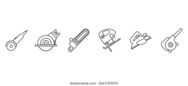 Modern carpentry equipment icon. Work tools. A set of work tools. Collection of repair and construction tools in line style vector illustration on transparent background. Editable stroke.