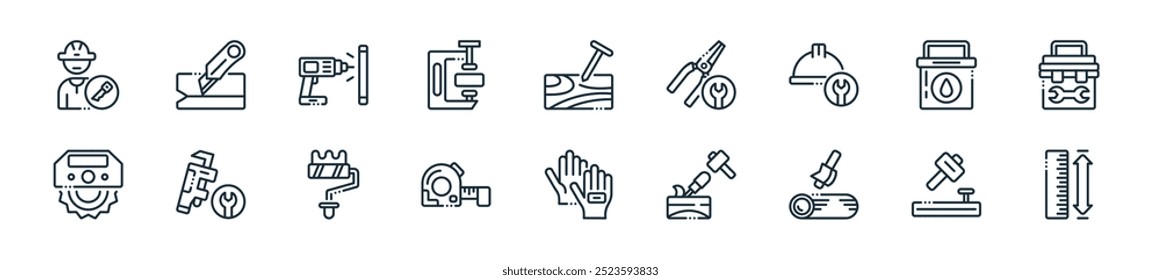 modern carpentry icon pack. perfect for linear ui designs featuring vector ruler, hammer, axe, chisel, protection, tool, paint roller and more icons for mobile and web apps.