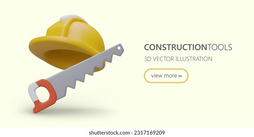 Modern carpentry tools. Professional equipment for woodworking. Hand saws of various types and sizes. Commercial vector poster with landing page button