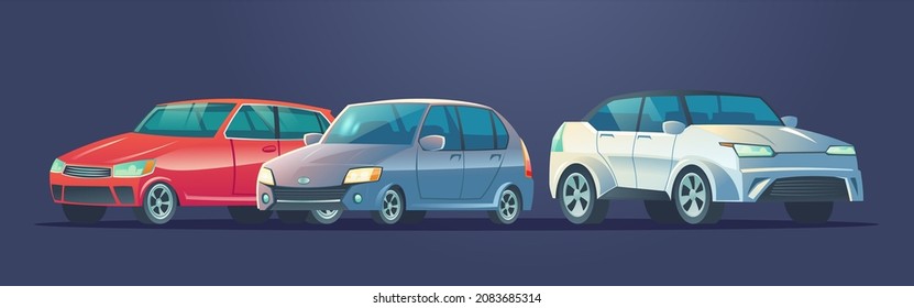 Modern cars, automobiles set. Auto collection, white, red and gray vehicles isolated on blue background. Vector cartoon illustration of passenger motor cars with sedan and hatchback cab