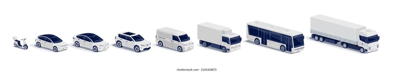 Modern cars fleet parking standing. Semi-truck, bus, truck, van, motorcycle scooter, business vehicle, sedan family car, suv, small passenger car. Vector object icons illustration on white background.