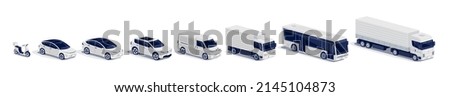 Modern cars fleet parking standing. Semi-truck, bus, truck, van, motorcycle scooter, business vehicle, sedan family car, suv, small passenger car. Vector object icons illustration on white background.