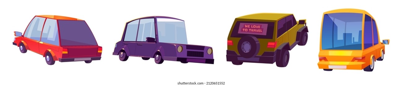 Modern cars, motor vehicles in front and back view. Vector cartoon set of new automobiles with sedan and hatchback cab. Different auto isolated on white background
