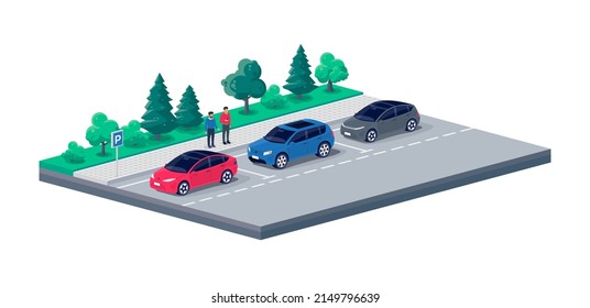 Modern cars parallel parking on city street road sideway. Parking lot with persons standing talking near vehicle. Driver place on rest stop area on highway. Vector illustration on white background.