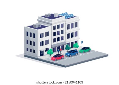 Modern cars parked on town city street centre road near office residential buildings. Persons standing talking near vehicles on sidewalk. Isolated vector illustration on white background.