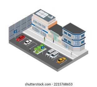 Modern Cars Parked On Town City Street Centre Road Near Office Residential Buildings. Persons Standing Walking Near Car, Minibus And Vans On Sidewalk. Isolated Vector Illustration.