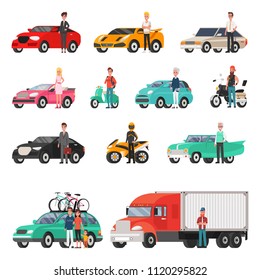 Modern cars and truck with drivers beside set. Sport, classic or family vehicles, happy owners. Convenient transport isolated vector illustrations.