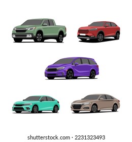 Modern cars vector in flat illustration style, Double cabin, Crossover, MPV, Sedan, and Hatchback