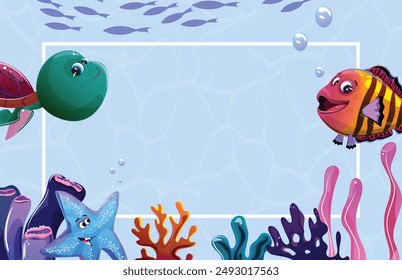 Modern cartoon banner with white frame with fish, starfish, turtle, on the bottom seagrass and corals. Greeting card, template, banner