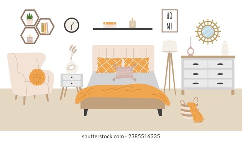 Modern cartoon bedroom interior in Scandinavian style. Vector illustration of bedroom furniture.