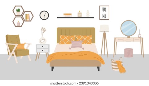Modern cartoon bedroom interior in Scandinavian style. Vector illustration of bedroom furniture.