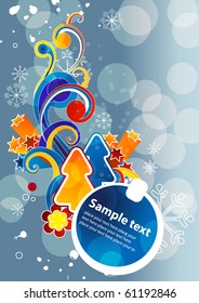 Modern cartoon blue christmas background with fir and abstract elements