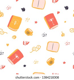 Modern cartoon book seamless pattern. Playful decoration on white background. Vector illustration