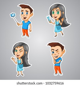 Modern cartoon characters boy and girl bloggers with gadgets in their hands and winks