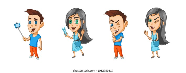 Modern cartoon characters boy and girl bloggers with gadgets in their hands and winks