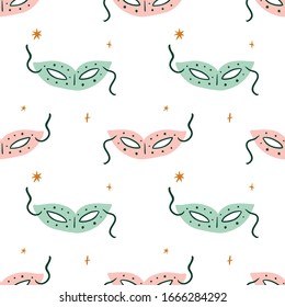 Modern cartoon colorful flat Italian seamless pattern with Venetian carnival masks. Doodle concept, traditional object of Italy. Vector EPS
