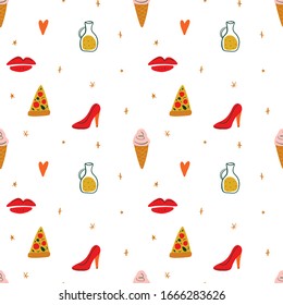 Modern cartoon colorful flat stylized Italian icons symbols seamless pattern, cute illustration. Doodle concept, food and drinks of Italy. Vector EPS clip art design