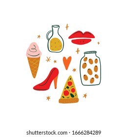 Modern cartoon colorful flat stylized Italian icons symbols, label, cute illustration. Doodle concept, food and drinks of Italy. Vector EPS clip art design