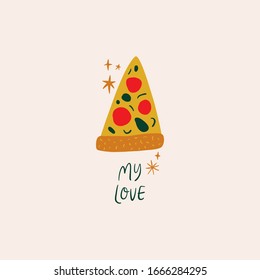 Modern cartoon colorful flat stylized Italian symbol and lettering, cute illustration. Doodle concept, traditional object of Italy. Food and drinks theme. Neapolitan Pizza. Vector EPS clip art design