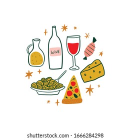 Modern cartoon colorful flat stylized Italian icons symbols, label, cute illustration. Doodle concept, food and drinks of Italy. Vector EPS clip art design