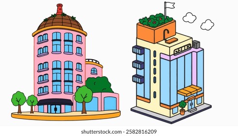 A modern cartoon condo with a rooftop garden and sleek design. Great for urban and housing themed sticker bundles.