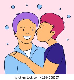 Modern cartoon flat character boy kisses boy,hand drawn style Valentines Day card,banner,flyer.Outline characters young people,cartoon man kiss man,happy romantic gay couple on hearts background