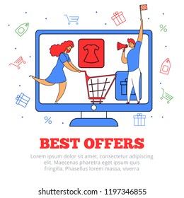 Modern cartoon flat character customer buyer running for best offer sales,web online shopping concept.Flat person girl-happy buyer client run for good buys with shopping cart on computer screen