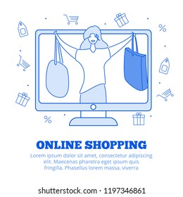 Modern cartoon flat character customer holding good buys sales purchases,web online shopping concept.Flat person happy girl buyer client hold bags in hands on computer screen,ready to use line icons