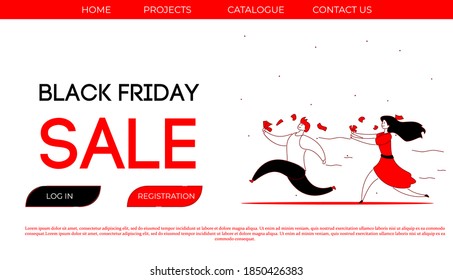 Moderno caricatura de carácter plano comprador de clientes corriendo para las ventas del Black Friday,concepto de compras web online.Persona plana feliz cliente corre por buenas compras,plantilla de ui,lista para usar botones