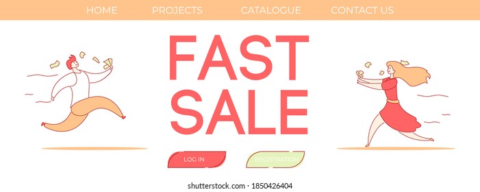 Modern cartoon flat character customer buyer running for big sales,web online shopping concept.Flat person people happy client run for good buys,ui template,ready to use buttons