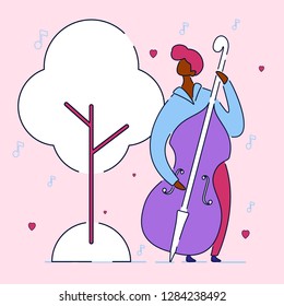 Modern cartoon flat character musical band double bass bassist,vector hand drawn style.Musician man with double bass instrument playing music,jazz,rock,blues,rockabilly on hearts notes background
