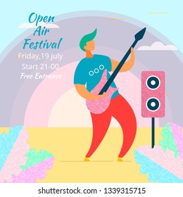 Modern cartoon flat character musical band guitarist on music fest,concert,open air festival,hand drawn style concept.Musician with guitar and loudspeakers playing rock,music,jazz,blues,rockabilly